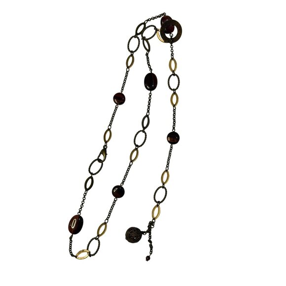 Boho Lariat Y Necklace Dark Bead Oval Links Long Statement Jewelry 19" Accessory - Picture 4 of 7